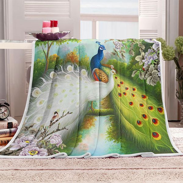 

southeast asia oriental style 3d printed beautiful white green two peacocks lovers flower bird soft sherpa flannel blanket/m2028