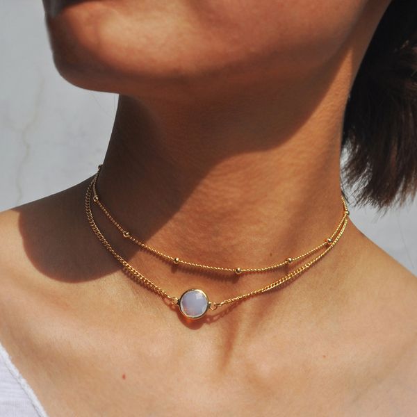 

gold color multi layer chain choker necklace for women opal stone pendant chocker necklaces collares mujer collier femme joyas, Golden;silver