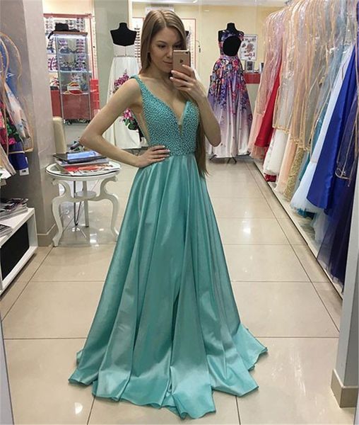 

v neck beaded long prom dress green senior evening dress cutout side long crystals formal dress, Black