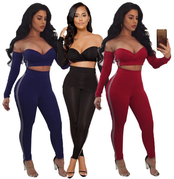 

new slash neck women jumpsuits rompers suits side slit two pieces sets elegant ladies bodycon night club outfits combinaison femme, Black;white