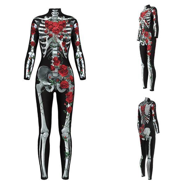 

2018 halloween scary bodysuit women 3d skulls roses rompers womens jumpsuit tight nightclub bodysuit femme s-xl, Black;white