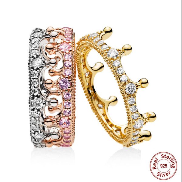 

2018 new authentic 925 sterling silver rose gold silver pink shine enchanted crown ring for women panqiou ring luxury jewelry d18111306, Slivery;golden