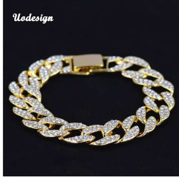 

uodesign men's luxury rhinestone fashion bracelets & bangle gold silver color iced out miami cuban bracelet hip hop, Black