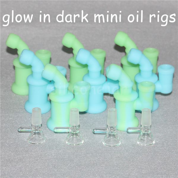 Glow in dark Narghilè Silicon Oil Rigs silicone bubbler bong Bong Dab Rig Tubi con ciotola di vetro 14,4 mm nettare maschio