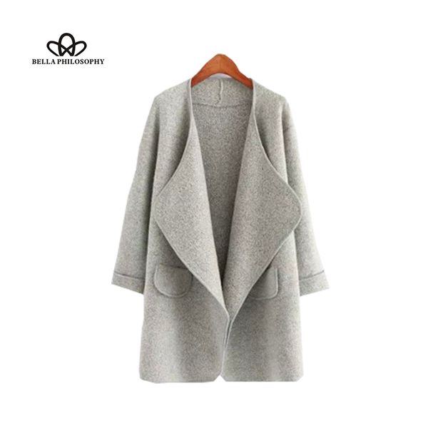 

bella philosphy 2018 autumn winter turn-down collar women coat open stitch ladies knitted sweater casual woollen overcoat ladies, Black