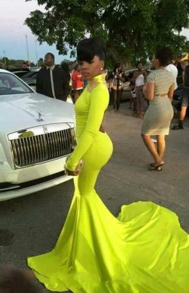 

2017 Lime Green High Neck Prom Dress Mermaid Long Sleeves Backless Special Occasion Dress Evening Party Gown Plus Size vestidos de