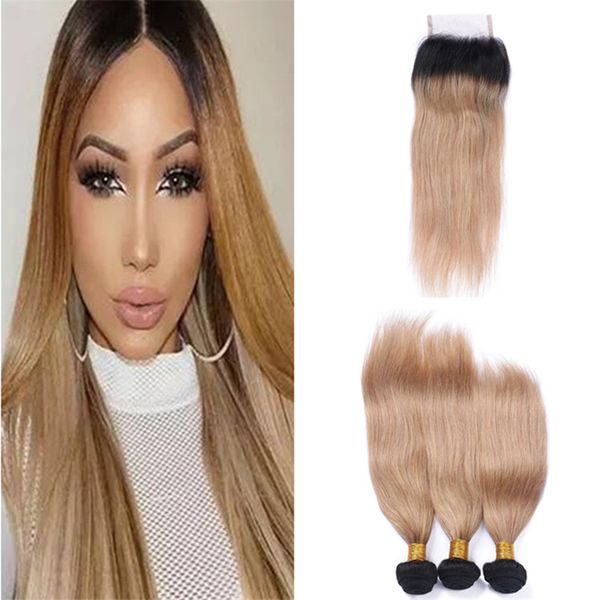 2019 8a Brazilian Straight Honey Blonde Ombre Hair Bundles With Lace Closure Dark Roots 1b 27 Blonde Ombre Straight Hair Weaves And Closure From