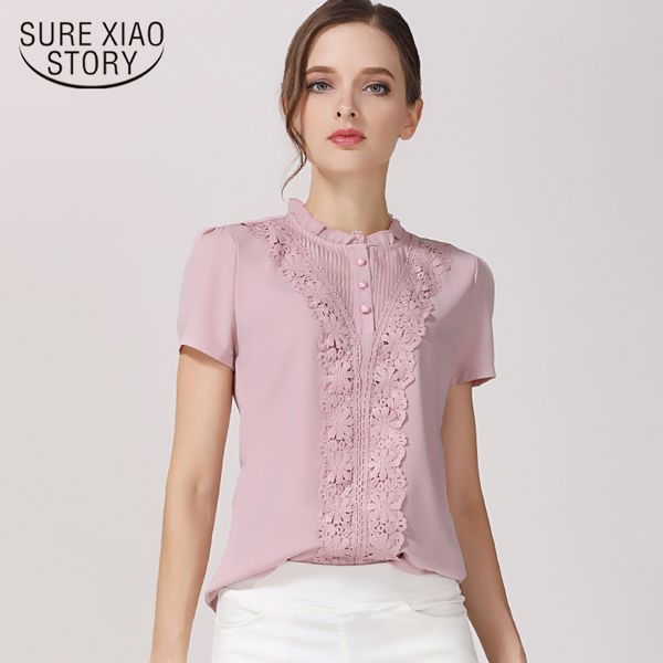

new 2018 summer fashion chiffon women blouses shirts short sleeve lace chiffon women blouse shirt blusas feminine 37f 30, White