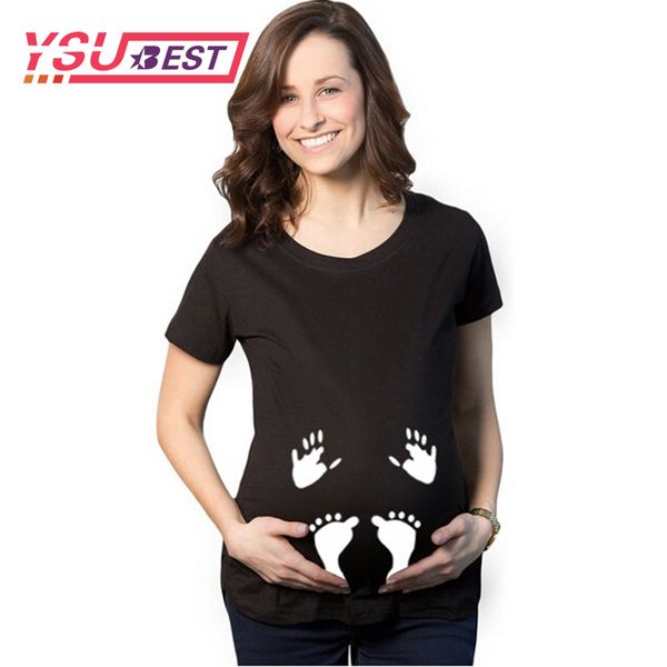 

2018 summer pregnant maternity t shirts casual pregnancy clothes for pregnant women funny palm feet print cotton maternity shirt, White