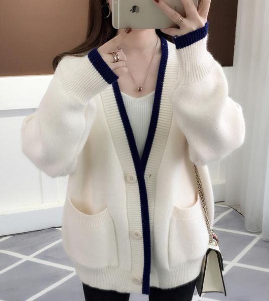 

send sweater women's cardigan autumn and winter loose and comfortable korean 2018 new knitted coat medium length@01, White;black