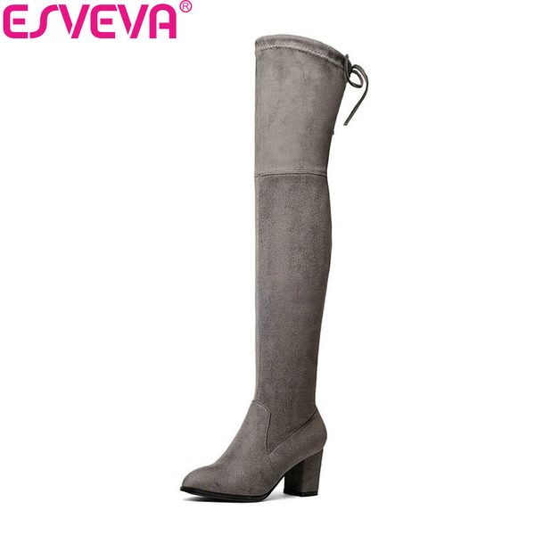 

esveva 2018 over the knee boots flock winter round toe women boots ladies lace up stretch fabric fashion big size 34-43, Black