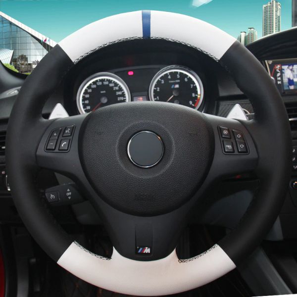 

black white genuine leather hand-stitched car steering wheel cover for bmw m3 2009-2013