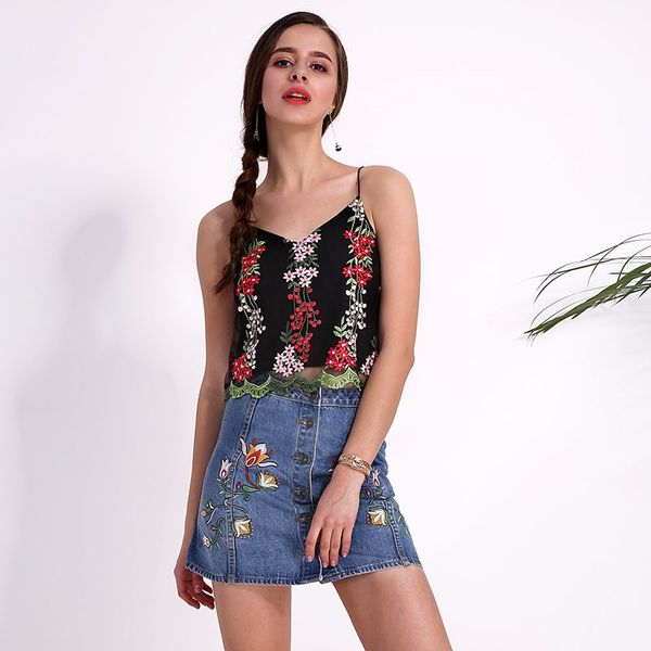

2017 summer women crop vest retro floral embroidery camisole v neck sleeveless backless camis, White