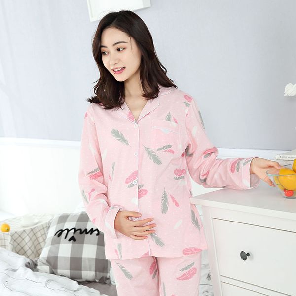 

printed cotton maternity nursing nightwear spring autumn fashion sleepwear for pregnant women 2pcs/set pregnancy pajamas, White