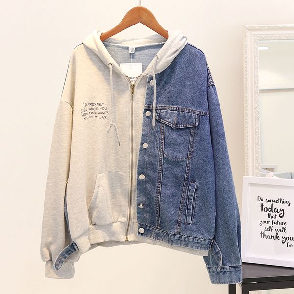 

2018 new autumn women's loose-fitting hooded stitching denim jacket students casual letter-printed hoodies female jeans outwear, Black;brown