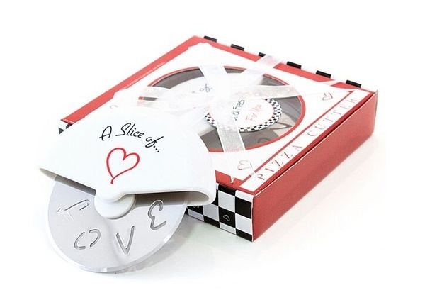 

new "a slice of love" stainless steel love pizza cutter in miniature pizza box wedding favors and gifts for guest