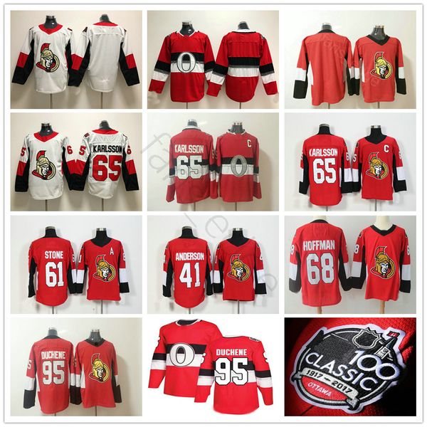 

2018 new 100th classic ottawa senators hockey 65 erik karlsson 41 craig anderson 61 mark stone 68 mike hoffman 95 matt duchene jersey, Black;red