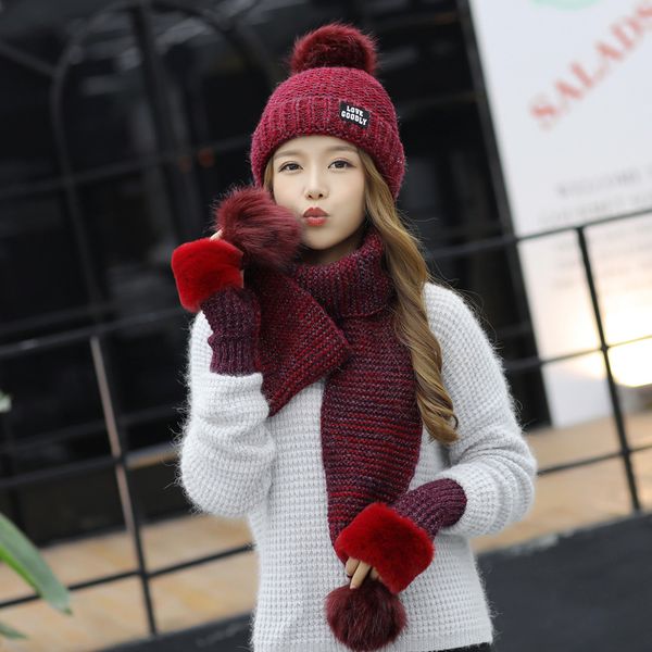 

wool hat female winter scarf gloves three-piece suit tide casual wild autumn and winter plus velvet cute knitting, Blue;gray