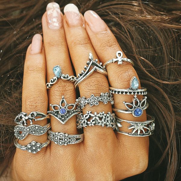 

vintage carved flower turkish ring sets gemstone retro silver color midi rings for women girls 13pcs/set knuckle ring hz