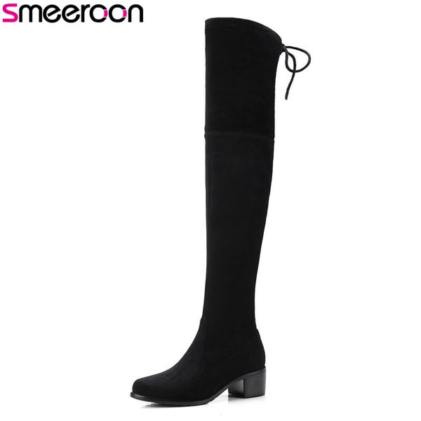 

smeeroon new popular autumn winter boots slip on round toe over the knee boots med heels women wedding shoes, Black