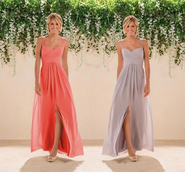 Coral Country Brautjungfernkleid aus Chiffon mit seitlichem Schlitz, Damen tragen formelle Trauzeugin-Kleider, Hochzeits-Party-Kleid, Abschlussball-Abendkleider