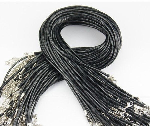 

1.5mm black leather cord bracelets with lobster claw clasp and extension chain for handmade necklace 17 inches