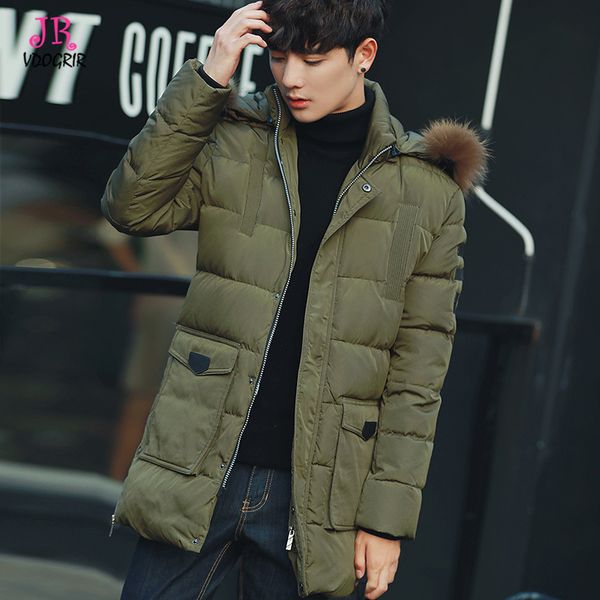 

vdogrir 2017 winter new jacket men warm coat fashion casual hat detachable fur collar parka medium-long thick coat men winter, Black