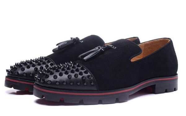 

super quality men"s flat wedding casual shoes red bottom rossini flat geunine leather red soles sneakers men spikes black suede 38-46