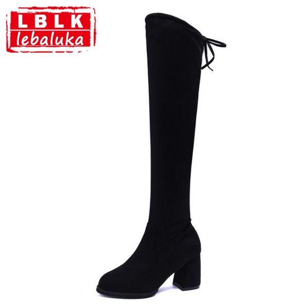 

lebaluka woman boots high heels women shoes winter over knee boots lace up round toe simple fashion female shoes size 34-39, Black
