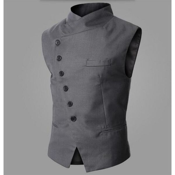 

fashion men suit vest design mens slim fit black gray inclined breasted waistcoat autumn casual vest wedding groom, Black;white