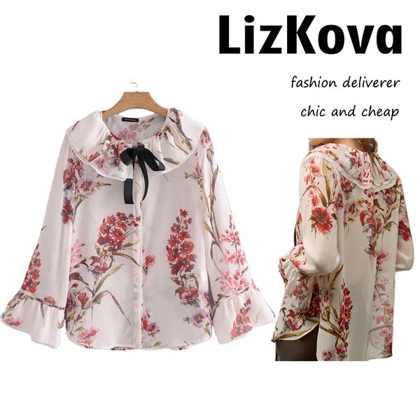 

women floral print chiffon blouses peter pan collar bow tie lolite blouse cute girls flare sleeve spring summer clothing, White