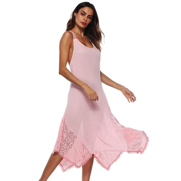 

womens solid color midi dresses female lace spaghetti strap summer backless thin dresses ing, Black;gray
