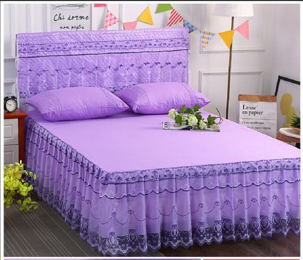 

lace edge 3pcs/4pcs bedskirt bed head cover princess single bed cover+2psc pillowcase home textile