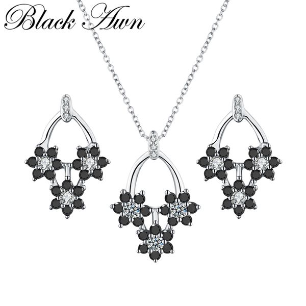 

black awn] trendy 925 sterling silver black spinel flower necklace pendant earrings set for women silver 925 jewelry sets z008