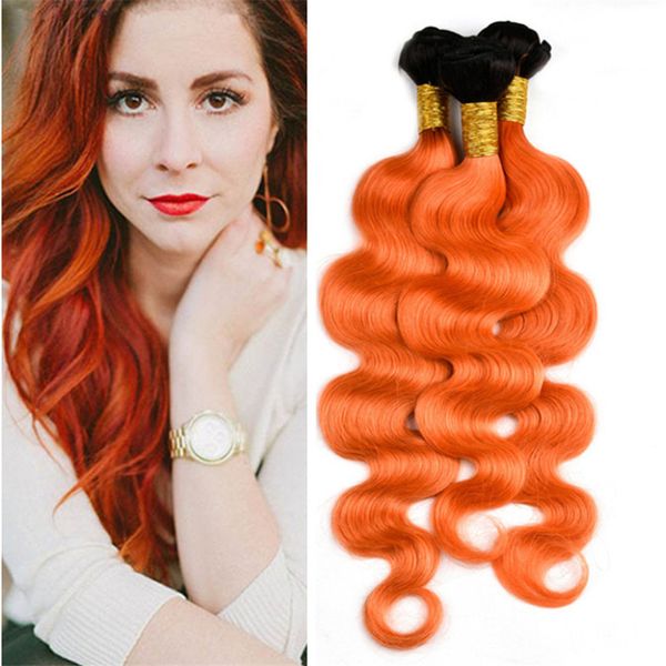 Dark Roots Orange Ombre Brazilian Hair 3 Bundles Body Wave Wavy