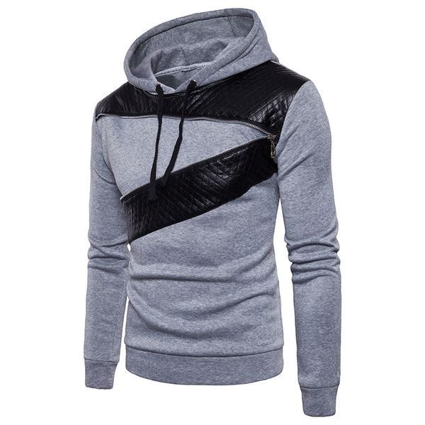 

autumn winter mens fashion hooded zipper decorative slim round neck long sleeves hoodies pullover hoodie men casual 2colour, Black
