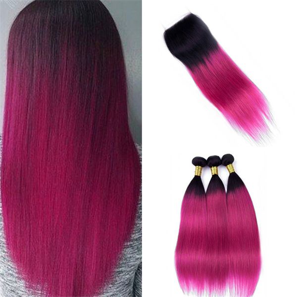 2020 Two Tone 1b Pink Ombre Straight Hair Bundles With Closure Hot