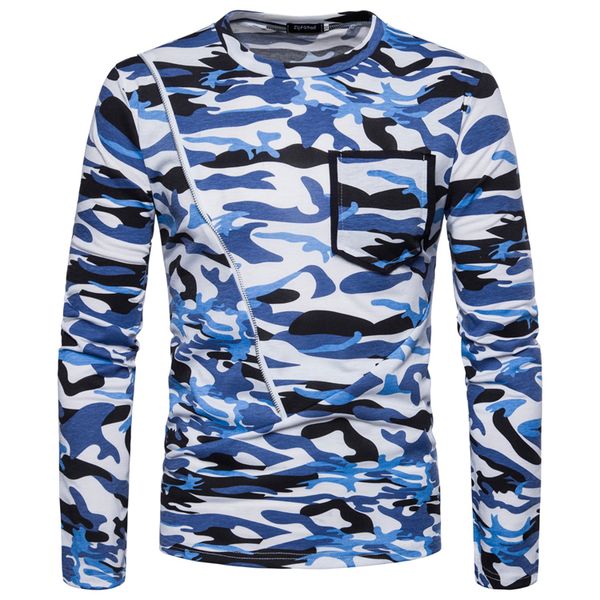 

men's t-shirt 2018 fashion new diagonal zipper camouflage printed round neck long-sleeved casual men's t-shirt, White;black