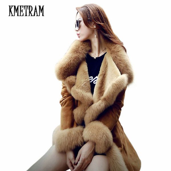 

kmetram spring and winter faux fur coat women fur lining artificial sheepskin coat ladies casaco de pele falso overcoat hh179, Black