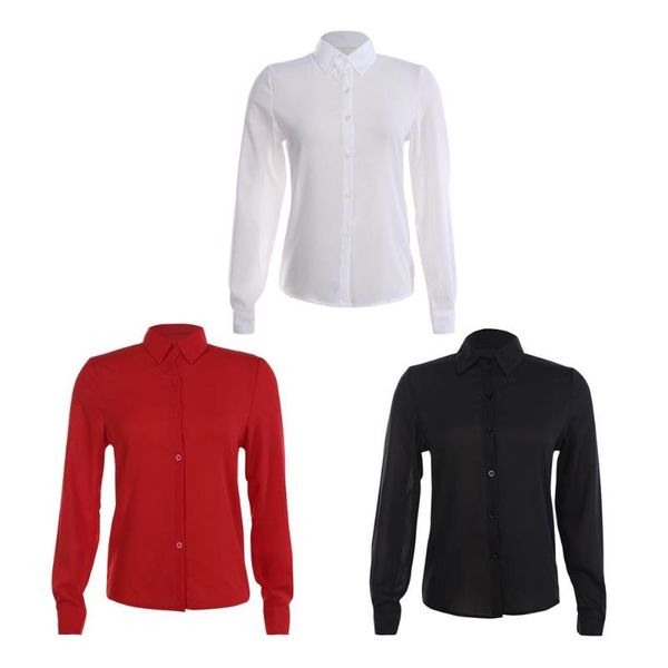 

women chiffon blouse turn down collar fashion casual long sleeve, White