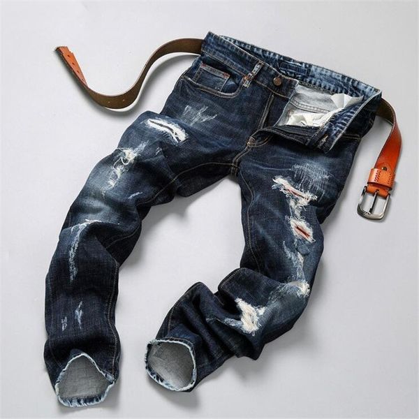 

hip hop jeans streetwear slim fit ripped cool jeans men high street mens distressed denim pants holes washed destroyed, Blue