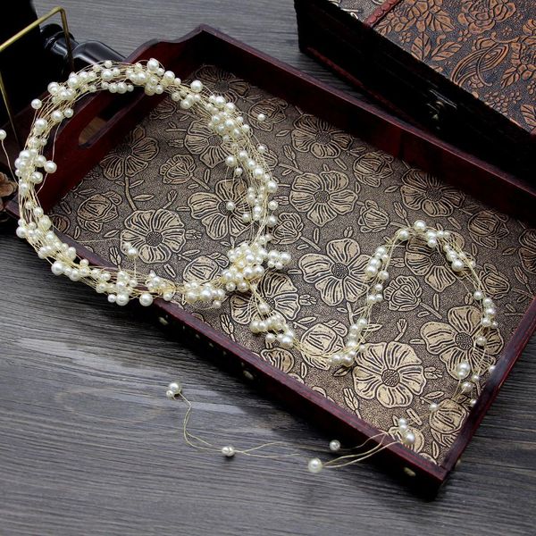 

korean pearl long bridal headwear handmade pearl copper wire long wreath hair brides hair accessories, Golden;white
