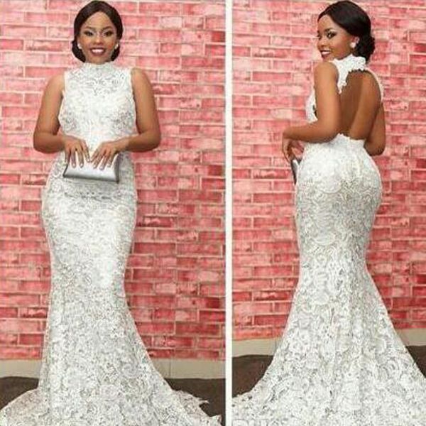 

plus size mermaid wedding dresses 2019 vintage lace high neck sleeveless open back fitted long bridal gowns sweep train, White