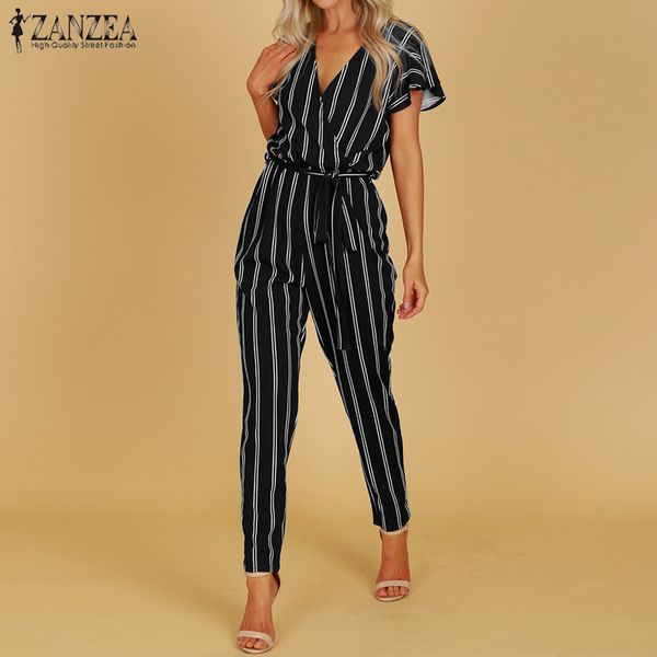 

zanzea 2018 striped jumpsuit women hight waist casual trousers ladies v neck belted bodysuit workwear overall plus size 5xl, Black;white