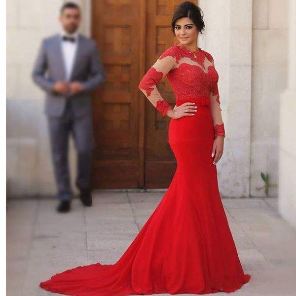 

Red Mermaid Evening Dresses Hot Sales Applique Jewel Neckline Bow Sash Tulle Sweep Train Long Sleeve Lace Prom Formal Gowns
