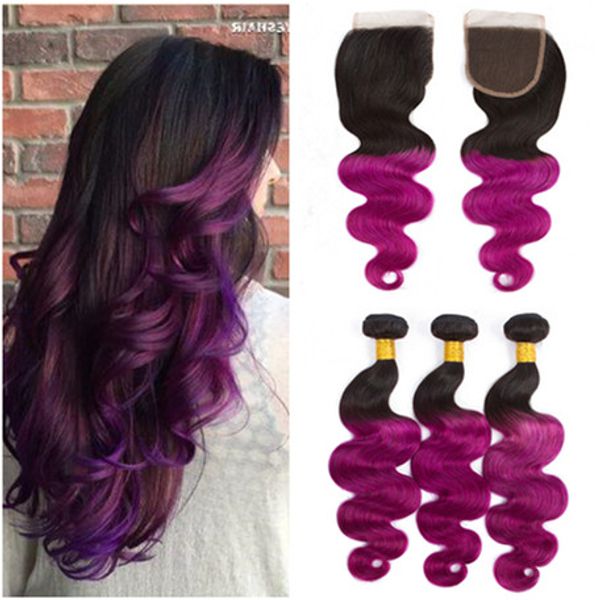 2019 Dark Rooted 1b Purple Ombre Human Hair Weaves With Closure