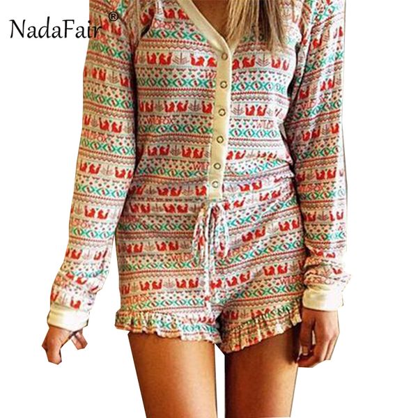 

nadafair v neck metal ring lace-up playsuits women autumn winter bohemian style print ruffles long sleeve rompers, Black;white