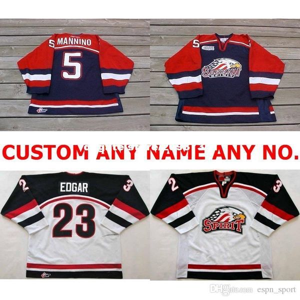 

custom personalized ohl saginaw spirit jersey 5 mannino 23 edgar mens womens kids stitched ice hockey jerseys custom any name no.goalit cut, Black;red