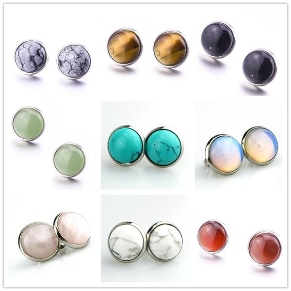 

8mm 10mm 12mm natural stone druzy stud earrings opal turquoise stainless steel earrings for women jewelry, Golden;silver