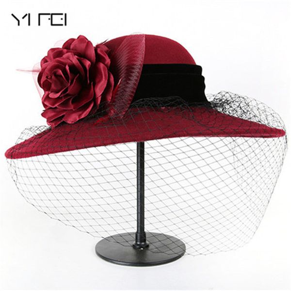 

elegant fashion classic chapeau veil formal hat women 100% wool felt hats 1920s vintage flower bucket hats, Blue;gray